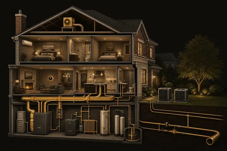 Cutaway illustration of a two-story North Shore home showing the heating, cooling, plumbing, and indoor-air systems Legendary Service installs and repairs