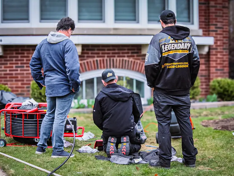 Legendary Service technicians walking a homeowner through drain cleaning equipment set up in the yard